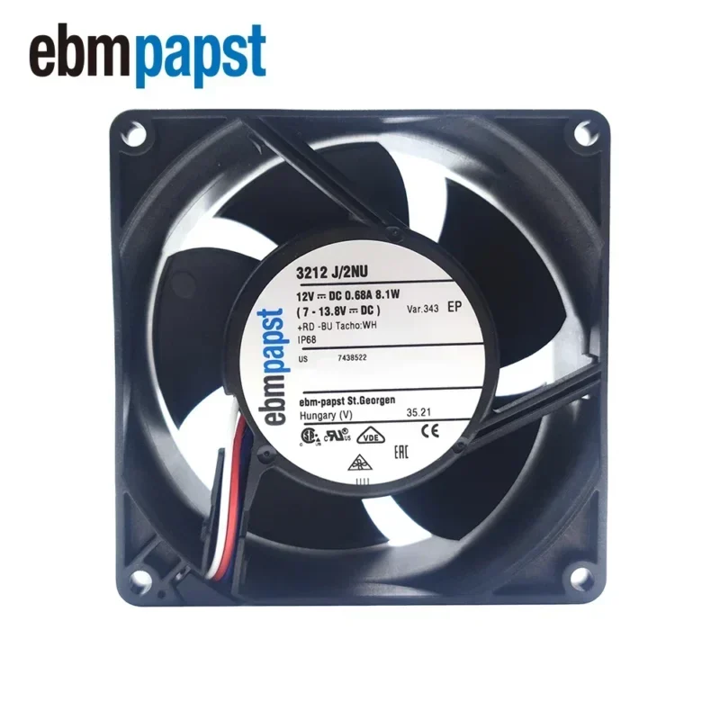 ebmpapst 3212J 92x38mm 12V DC 8.1W 6A 76.5CFM 6000RPM Speed Signal Axial Fan 3212J/2NU-343
