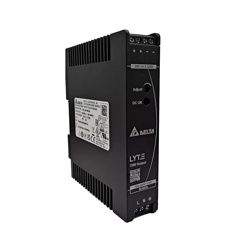 Delta DRL-24V75W1AZ Single DIN Rail Switching Mode Power Supply 75W Rated Output 24V 100-240 Vac Input 89% Efficiency