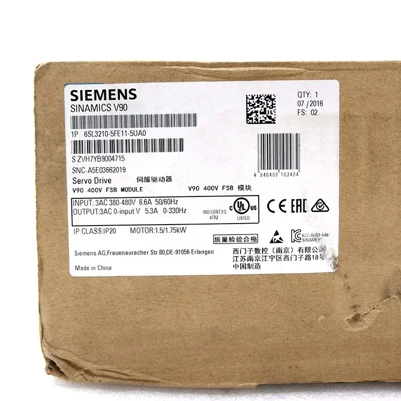 Siemens SINAMICS V90 Servo Drive 6SL3210-5FE11-5UA0 AC Servo Drive Siemens SINAMICS V90 Servo Drive 6SL3210-5FE11-5UA0 AC Servo Drive