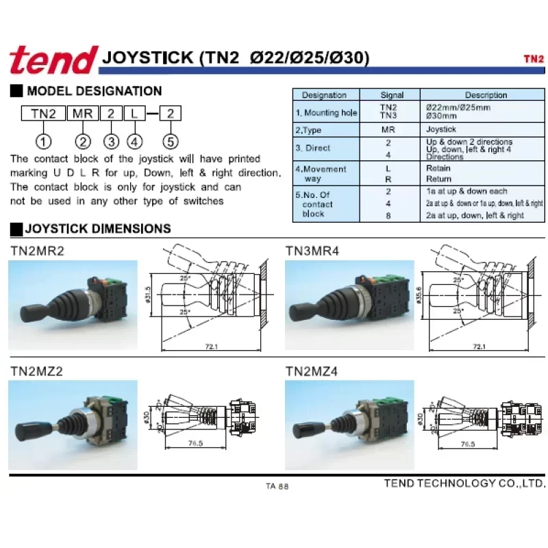 TN2MR2 Tend Joystick Controller 2 Direction Switch TN2MR2 Tend Joystick Controller 2 Direction Switch